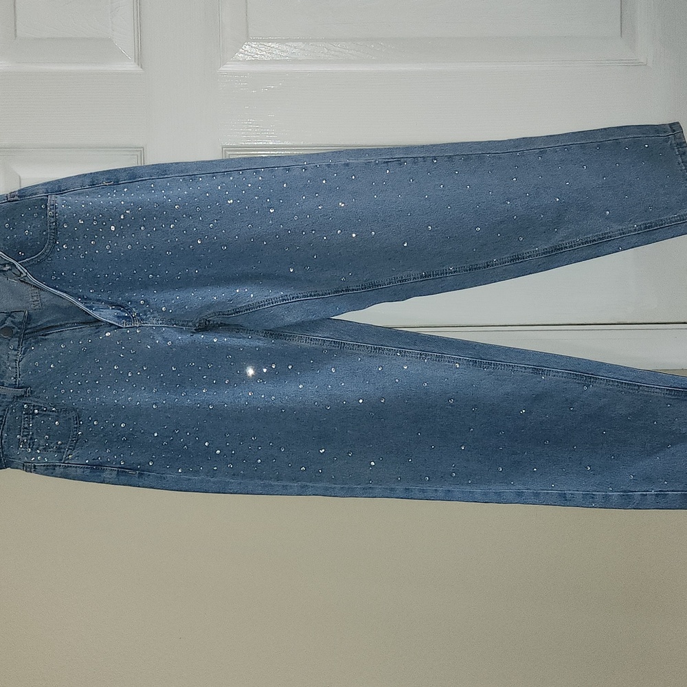 Shein, 0365, Women's Blue Jeans with Rhinestone Accents